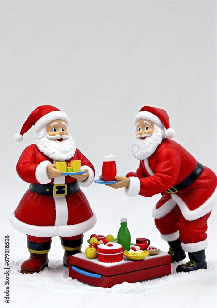 3D Toy Of Santa Claus Enjoying A Snow Picnic With Mrs. Claus On A White Background.