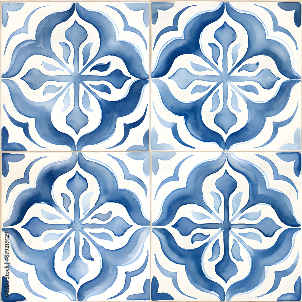 Rustic blue tile watercolor seamless pattern. Pattern of azulejos tiles Rustic blue tile watercolor seamless pattern. Pattern of azulejos tiles