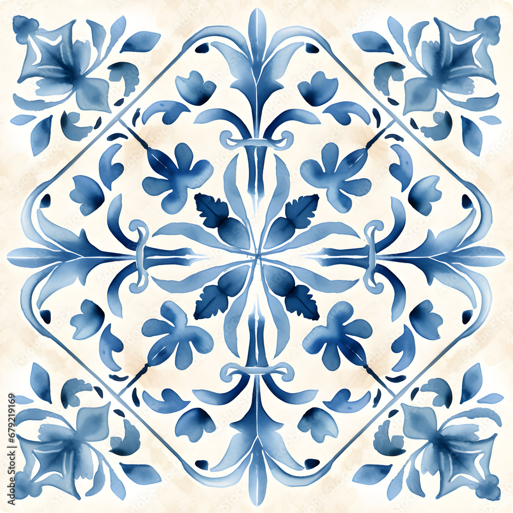 Rustic blue tile watercolor seamless pattern. Pattern of azulejos tiles Rustic blue tile watercolor seamless pattern. Pattern of azulejos tiles