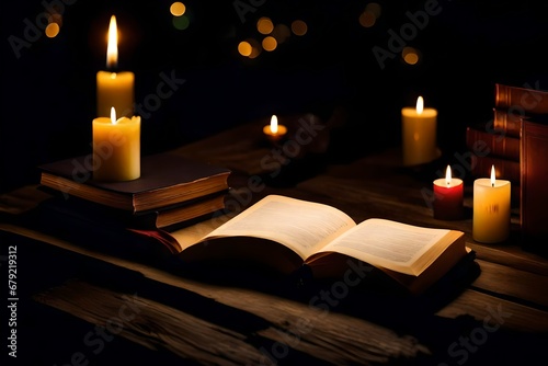 The Books and paper sheet with candle light put on the plank in dim light night