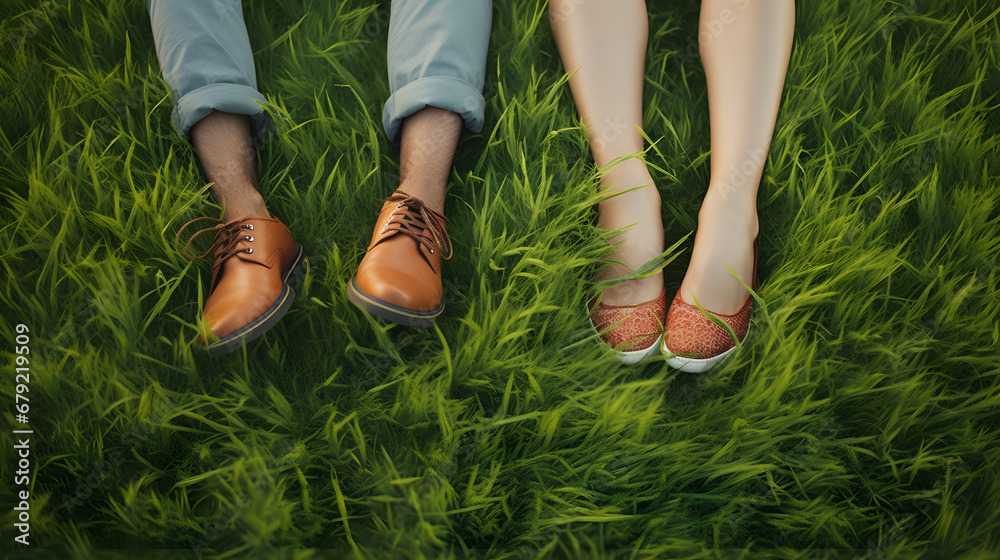 Couple sitting together on green grass. Boy's and girl's legs on green grass