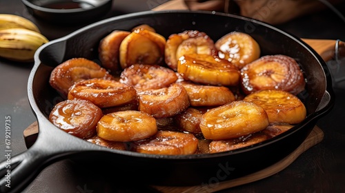 Homemade fried bananas foster with cinnamon in cast iron pan