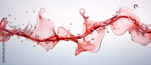 Pink water drops of molecular structures falling on white background