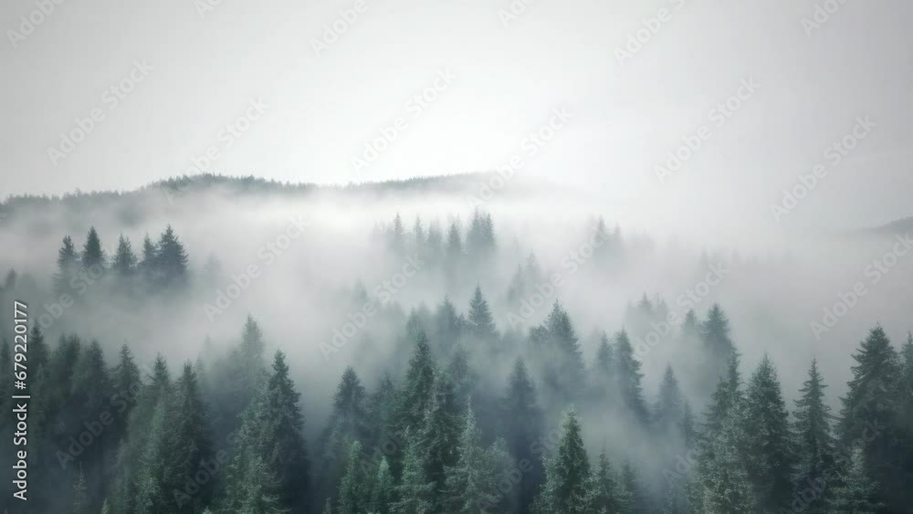 Misty Mountains with Pine Forest. Mountain with fog, mist and pine forest. Small camera movement. Morning fog. Misty Mountains Misty Mountains with Pine Forest. Mountain with fog, mist and pine forest. Small camera movement. Morning fog. Misty Mountains