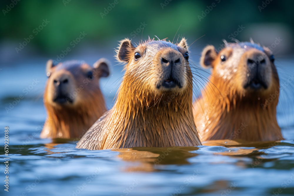 Group of capibaras relaxing in swamp water. Group of capibaras relaxing in swamp water.