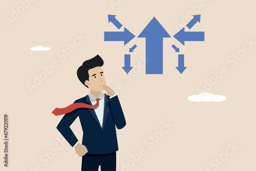 Decision making, determining the best solution for success, business direction or thinking concept, businessman making a decision on where to go next.