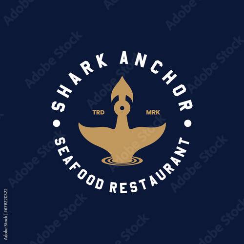 simple clean minimalist combination vector of whale shark fish tail and anchor with stamp label badge emblem suitable for seafood restaurant or boat ship navy nautical marine transport logo design