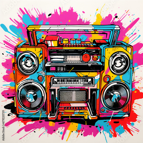 vibrant pop art old school boombox executed in rich colors with dripping paint and graffiti elements
