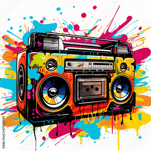 vibrant pop art old school boombox executed in rich colors with dripping paint and graffiti elements