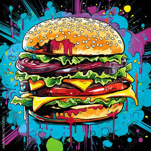 vibrant pop art hamburger executed in rich colors with dripping paint and graffiti elements
