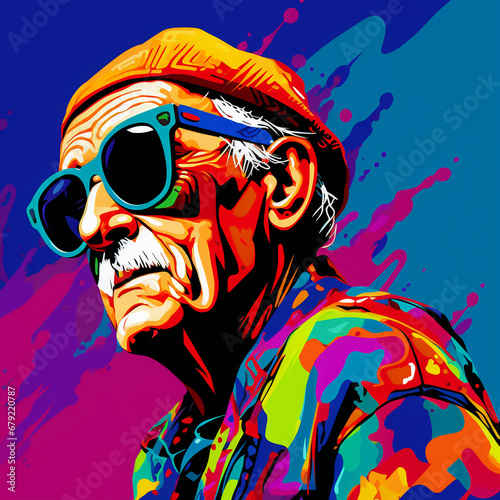 vibrant pop art portrait of a old man executed in rich colors with dripping paint and graffiti elements