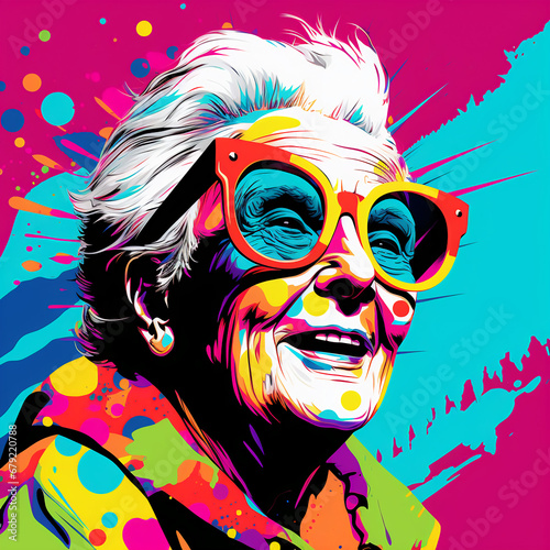 vibrant pop art portrait of a old woman in sunglasses executed in rich colors with dripping paint and graffiti elements