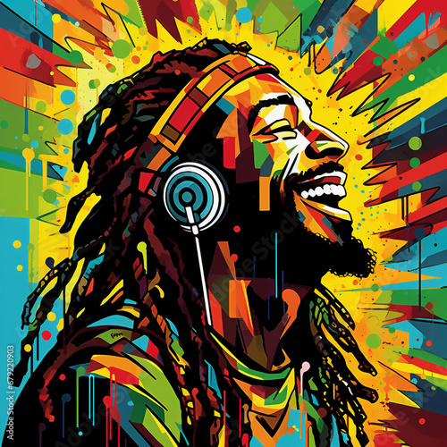 vibrant pop art portrait of a reggae dj musician executed in rich colors with dripping paint and graffiti elements