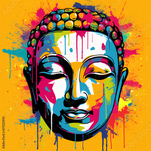 vibrant pop art portrait of a Buddha executed in rich colors with dripping paint and graffiti elements