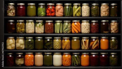 Shelves with various glass jars containing preserved vegetables and fruits are arranged in a dark pantry.