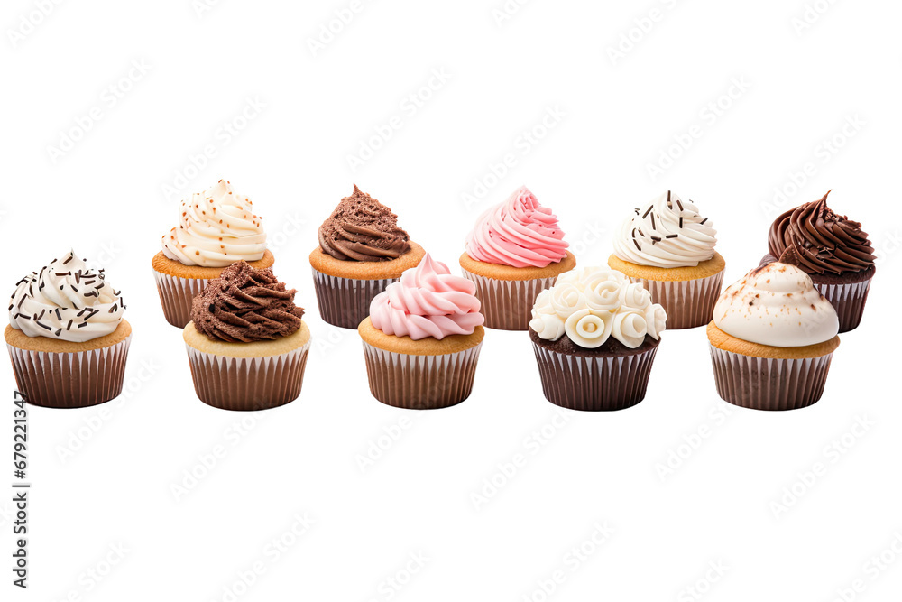 a collection of mini cupcakes isolated on a transparent background, generative ai