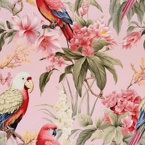 Jungle chinoiserie wallpaper Featuring a design of tropical birds in green and pink background seamless pattern