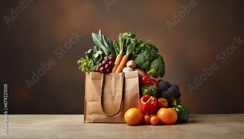 Fototapeta Naklejka Na Ścianę i Meble -  A variety of fresh vegetables and fruits in a paper bag on the table in front of a brown background.
