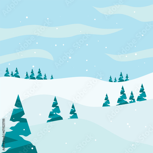 winter landscape, winter meadow. Snowy landscape with Christmas trees, snowfall, winter sky