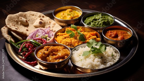 A traditional Indian dish featuring flatbreads, rice, and a variety of curries in a metal tray.