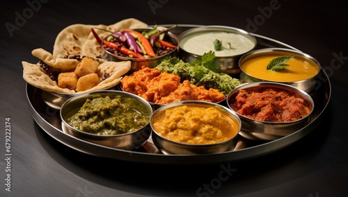 An Indian lunch featuring flatbreads, various curries and a vegetable assortment, served on a large metal tray.