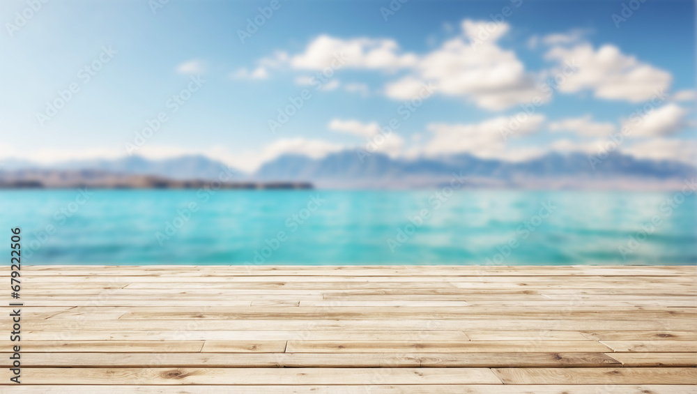 Empty wooden floor for product display montages with sea and mountain background