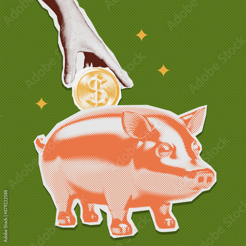 Minimalist collage with halftone style hand putting money into a piggy bank. Saving money metaphor composition. Finance themed banner. Vector Cutouts magazines.