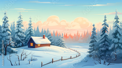 Winter landscape. Wooden hut in the forest. Seasonal background © Mr.Vander