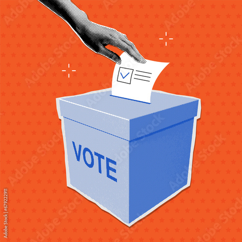 Female hand putting ballot paper into ballot box in pop art retro halftone style. y2k trendy vector illustration. Democracy, Freedom of speech, justice voting poster. VOTE 2024