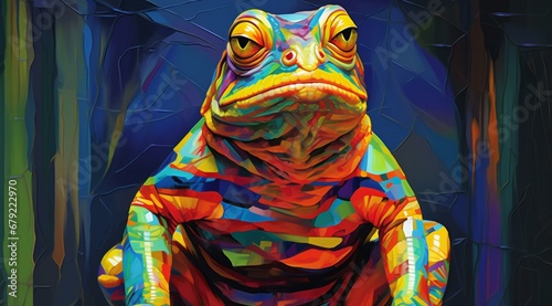 Illustration of a colorful frog on a dark background,