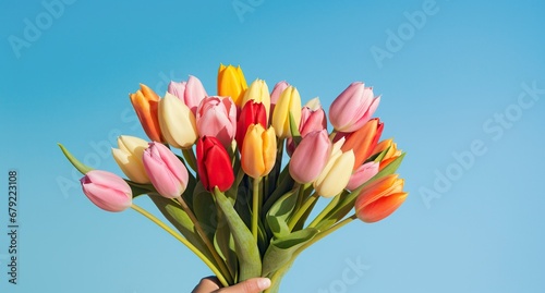 A bouquet of multicolored tulips against a blue background, held in adult hands. #679223108