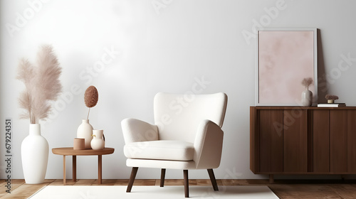 Creative composition of cozy living room interior design with mock up poster frame, fluffy armchair, folding screen, coffee table, commode and personal accessories. Modern style. Template. photo