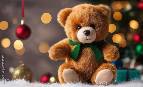 A cute teddy bear tied with a green ribbon in a Christmas atmosphere. © feelsogood