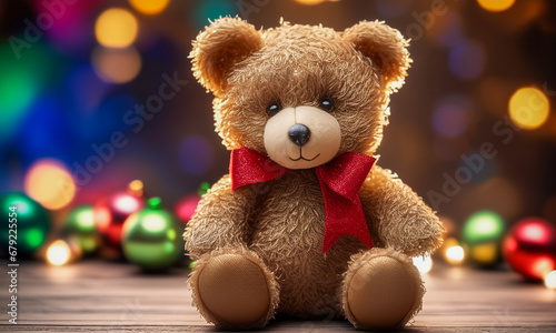 A cute teddy bear tied with a red ribbon in a Christmas atmosphere. © feelsogood