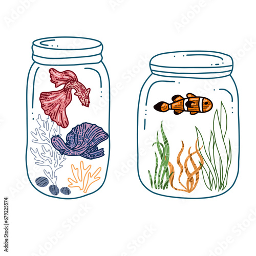 jar with fish and algae vector icon.