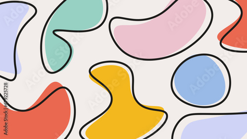 Abstract retro vector background with organic memphis shapes and lines in pastel color. Minimalist contemporary art in doodle style. Aesthetic horizontal backdrop. Modern design for banner, cover, web