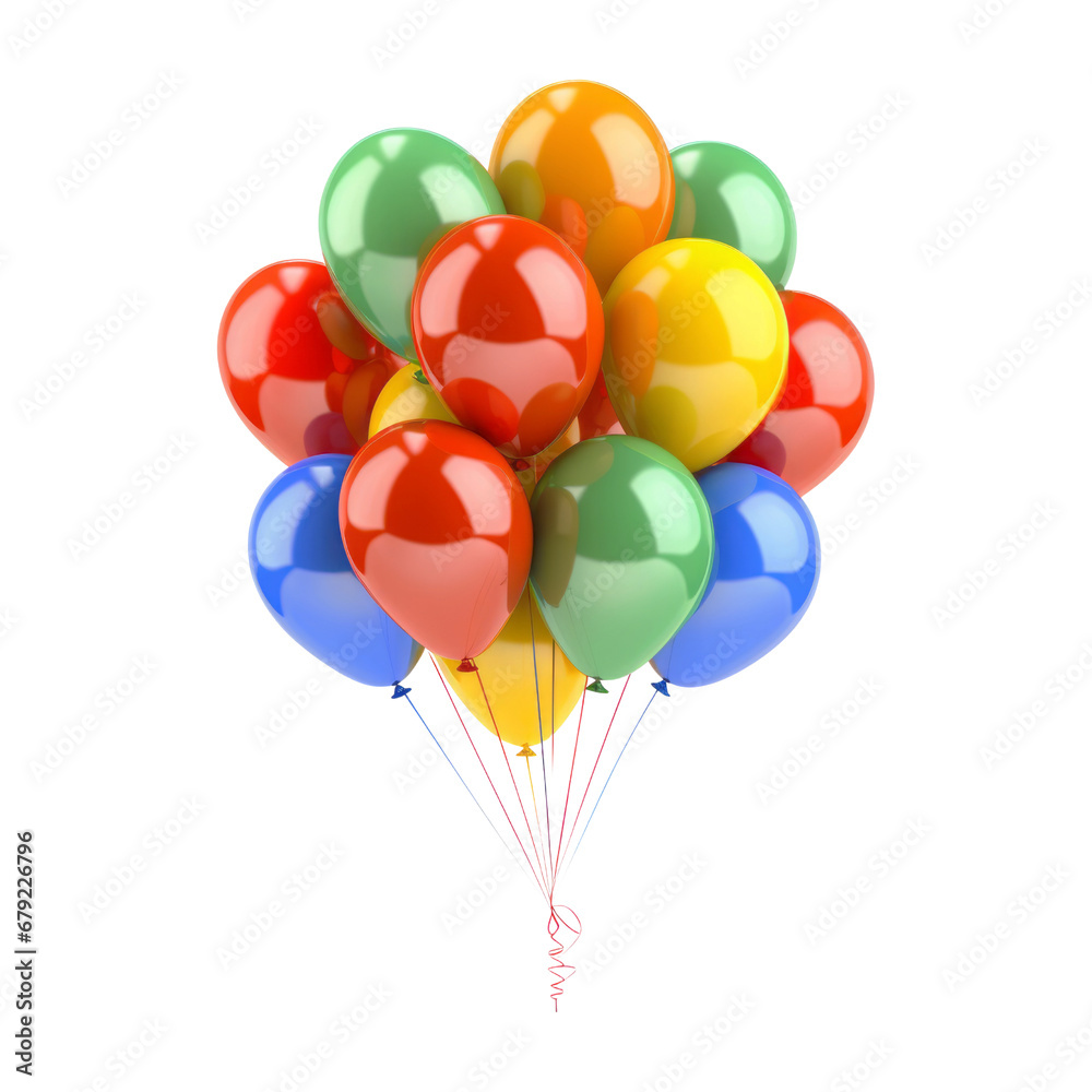 red green blue yellow balloons isolated on transparent background cutout