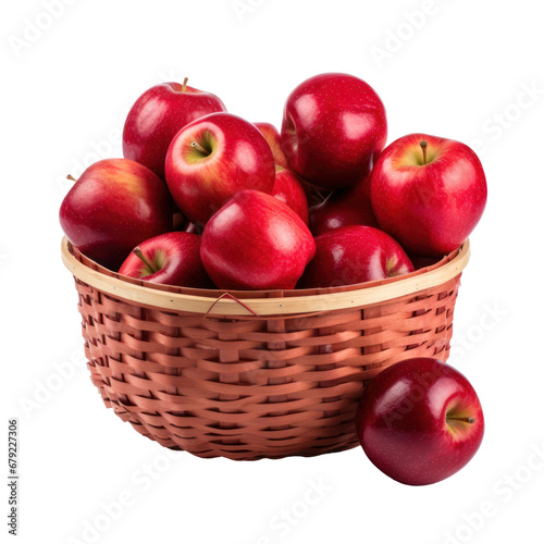 Red delicious apples on bowl basket. Isolated transparent background