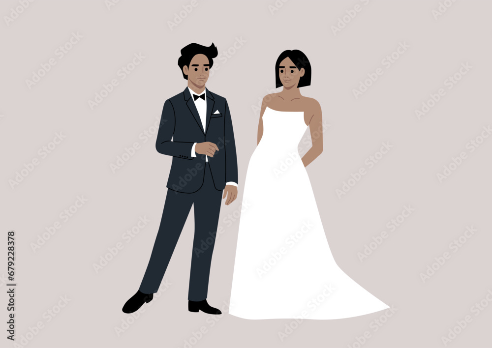 An upper-class groom and bride stand together during their wedding ceremony, adorned in elegant and lavish attire An upper-class groom and bride stand together during their wedding ceremony, adorned in elegant and lavish attire