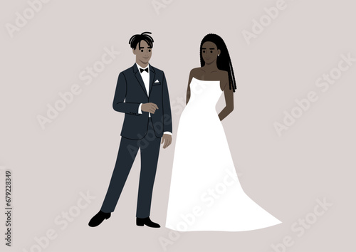 An upper-class groom and bride stand together during their wedding ceremony, adorned in elegant and lavish attire
