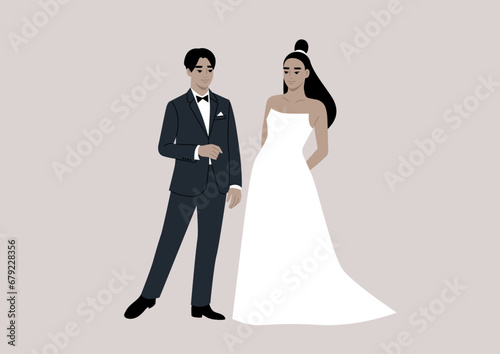 An upper-class groom and bride stand together during their wedding ceremony, adorned in elegant and lavish attire