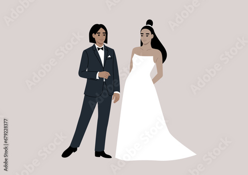 An upper-class same sex couple stand together during their wedding ceremony, adorned in elegant and lavish attire