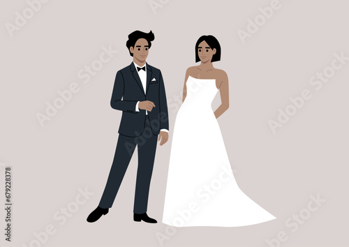 An upper-class groom and bride stand together during their wedding ceremony  adorned in elegant and lavish attire