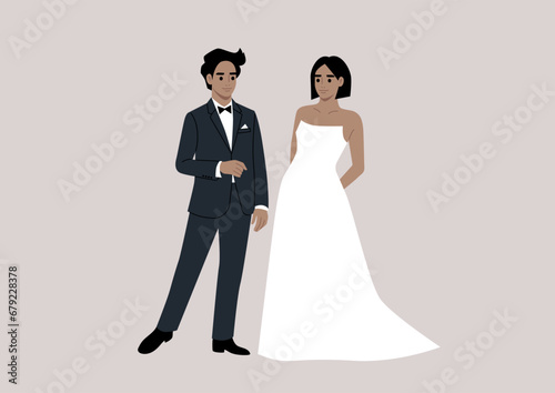 An upper-class groom and bride stand together during their wedding ceremony, adorned in elegant and lavish attire