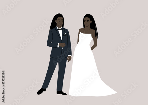 An upper-class same sex couple stand together during their wedding ceremony, adorned in elegant and lavish attire