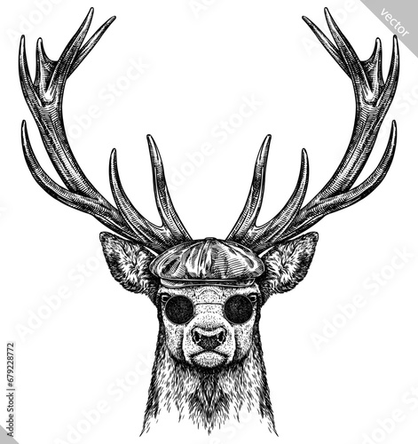 Vintage engraving isolated deer glasses dressed fashion set illustration ink sketch. Northern reindeer background stag silhouette sunglasses hipster hat art. Black and white hand drawn vector image