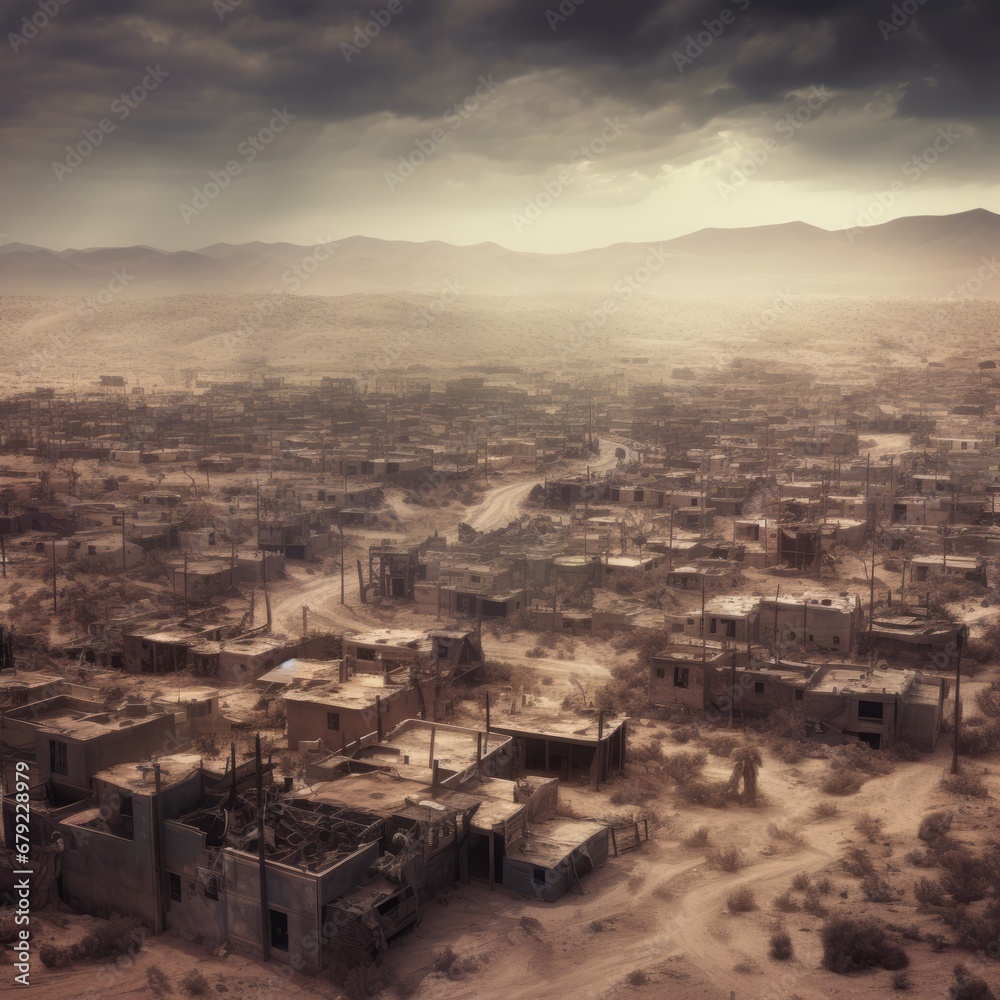Abandoned city ruins in the desert. Postapocalyptic view. Catastrophe.