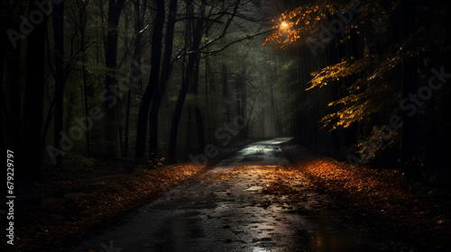 a dark road on an autum night with light rain