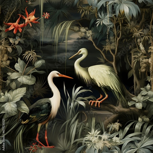 Chinoiserie Jungle Paradise Wallpaper features a crane seamless pattern © Wipada