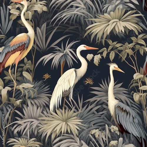 Chinoiserie Jungle Paradise Wallpaper features a crane seamless pattern